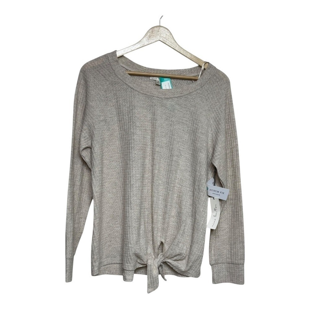 Nine Britton Beige Waffle Knit Tie Front Long Sleeve Top Women's Size M